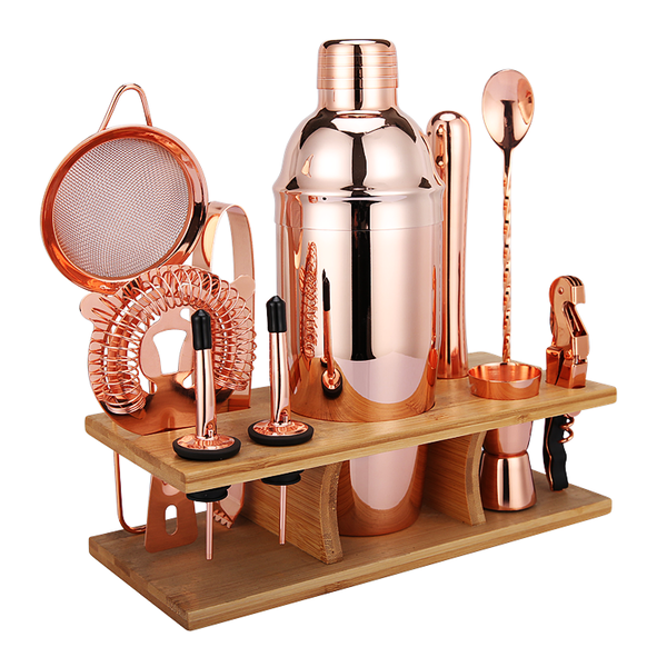 Cocktailshaker-sett 11 deler i kobber med stativ fra Bar Life